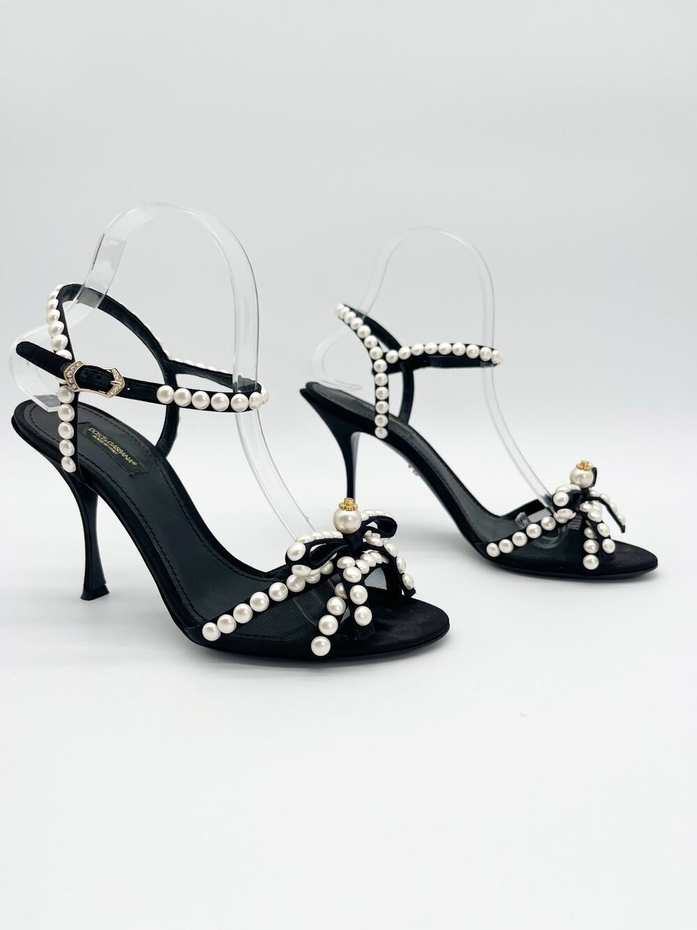 Dolce & Gabbana Black Leather Pearl Embellished Strappy Stiletto Sandals IT 39